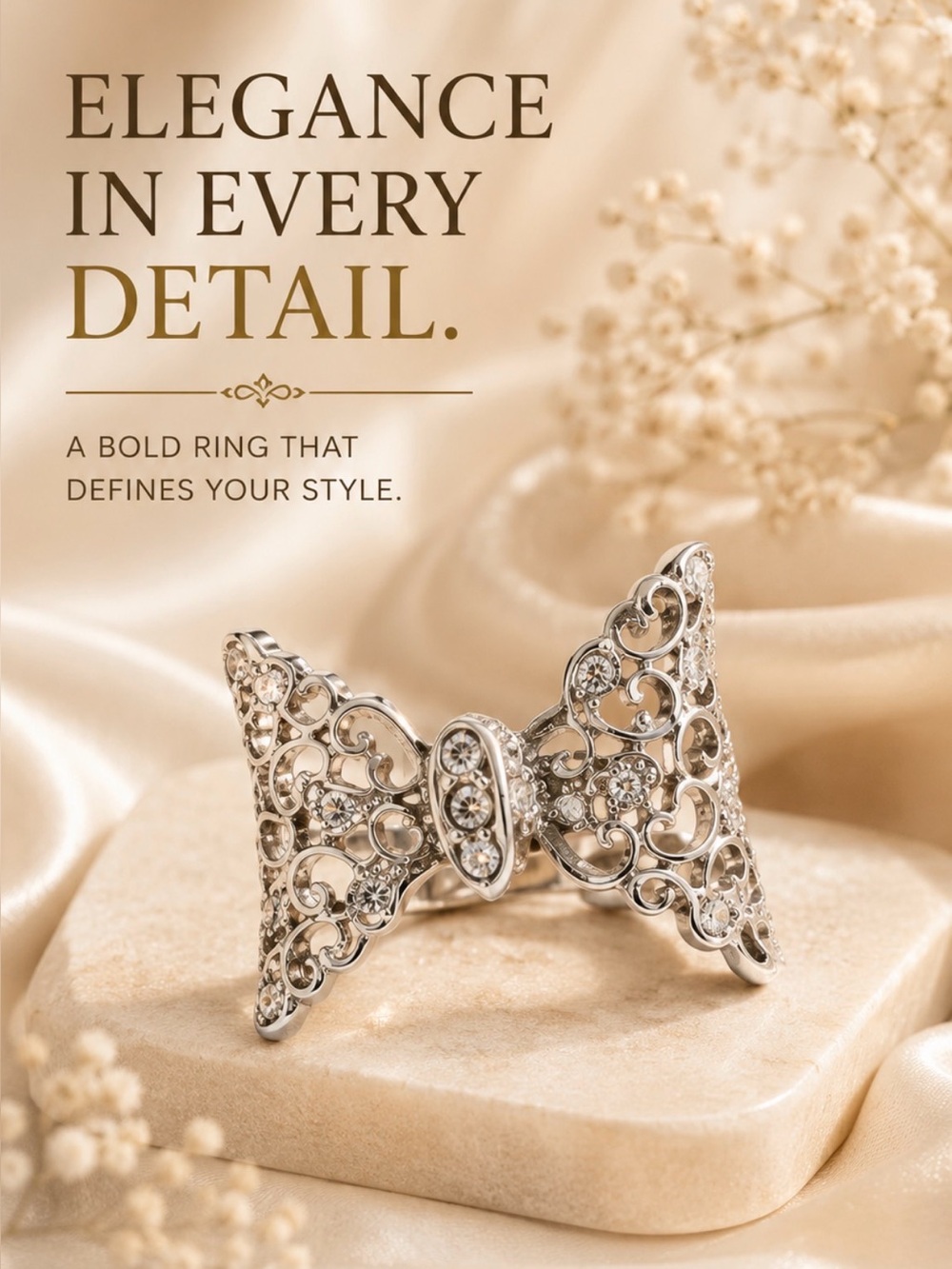 Elegant Silver Filigree Bow Ring with Crystal Accents